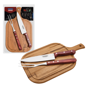 Kit para Asado Tramontina con Láminas de Acero Inoxidable y Mango Polywood Rojo con Tabla de Madera 3 piezas