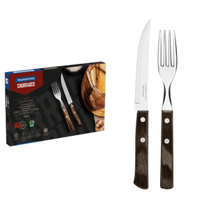 Juego de Cubiertos para Asado Tramontina de Acero Inoxidable con Mango Castaño Polywood, 12 piezas.