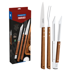 Kit para asado Tramontina de acero inoxidable y madera con pinza, 3 piezas.