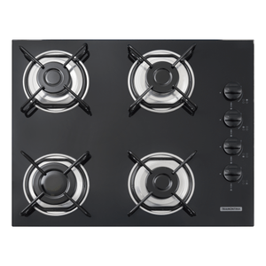 Cooktop a gas Tramontina de vidrio templado negro y rejillas de acero al carbono, con encendido superautomático y 4 quemadores.