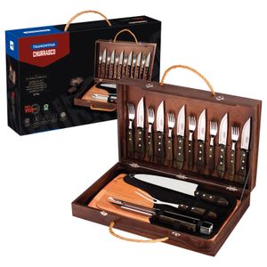 Kit para asado Tramontina con Cubiertos Jumbo de Acero Inoxidable, Mango Castaño Polywood con Tabla y Estuche de Madera, 17 piezas.