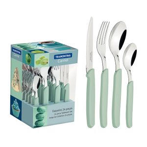 Juego de Cubiertos Tramontina Carmel con Láminas de Acero Inoxidable y Mangos de Polipropileno Turquesa Claro 24 Piezas