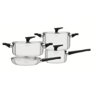 Juego de Ollas Grano Baquelita de acero inoxidable con cuerpo triple y mangos y asas de baquelita negra 7 piezas